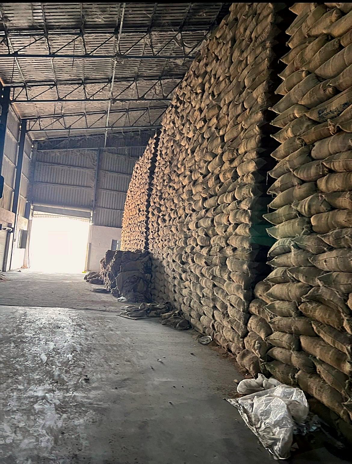 Warehouse stacked with paddy sacks at Sai Balaji